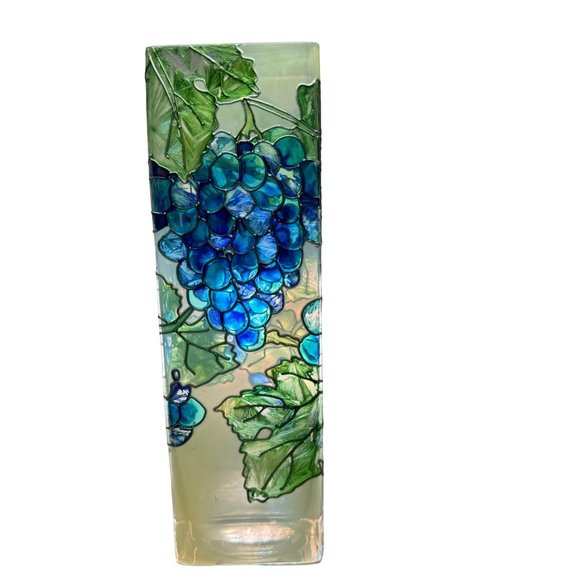 Hand Painted Grapes Vines Leaves Stained Glass Vase Joan Baker Designs 10" Tall - Picture 2 of 15
